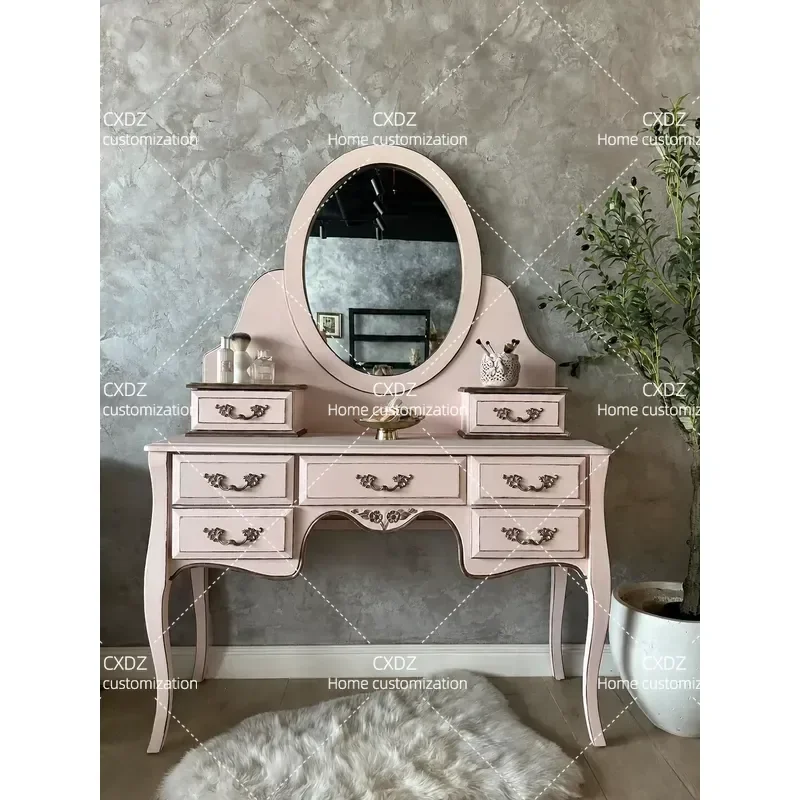 American Solid Wood Dresser with Drawers Korean Retro Pink Makeup Table with Mirror High End Customization