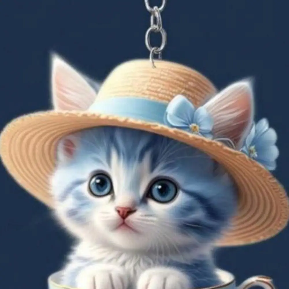 Stylish Teacup Cat Keychain Cartoon Cat Acrylic Pendant Durable Hanging Ornament Easy-to-hang Decorative Keychain for Car