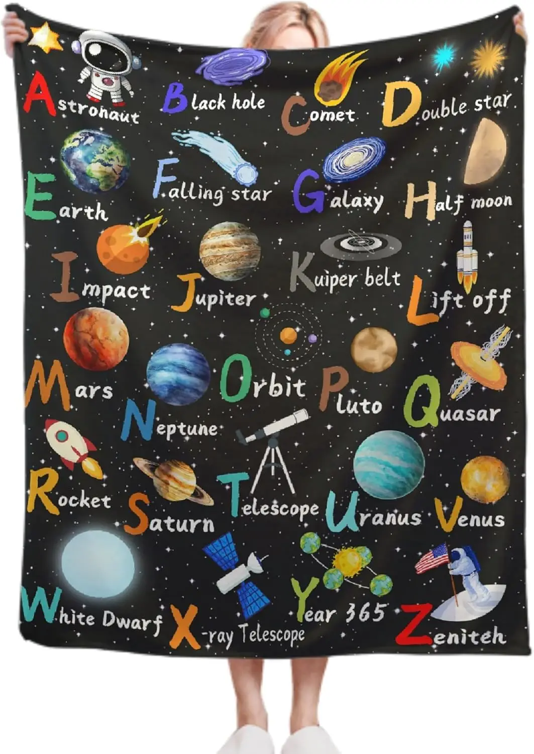 Space Alphabet ABC Learning Fleece Blanket Solar System Educational Design Soft Cozy Throw Kids Gift for Nursery  Bedroom Decor