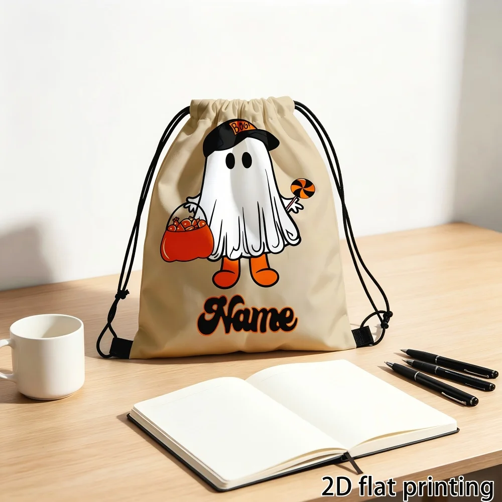 1Pc Custom Name/Text Drawstring Backpack, Spooky Ghost Pumpkin Design Gift Storage Bag, Suitable for Halloween Party and Events
