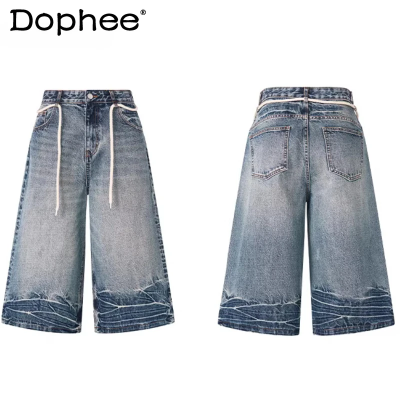 

Fashion Seven-point Jeans Men's 2026 Summer Thin Wide-leg Denim Trousers Male Chic Drawstring Loose Straight Trendy Denim Pants