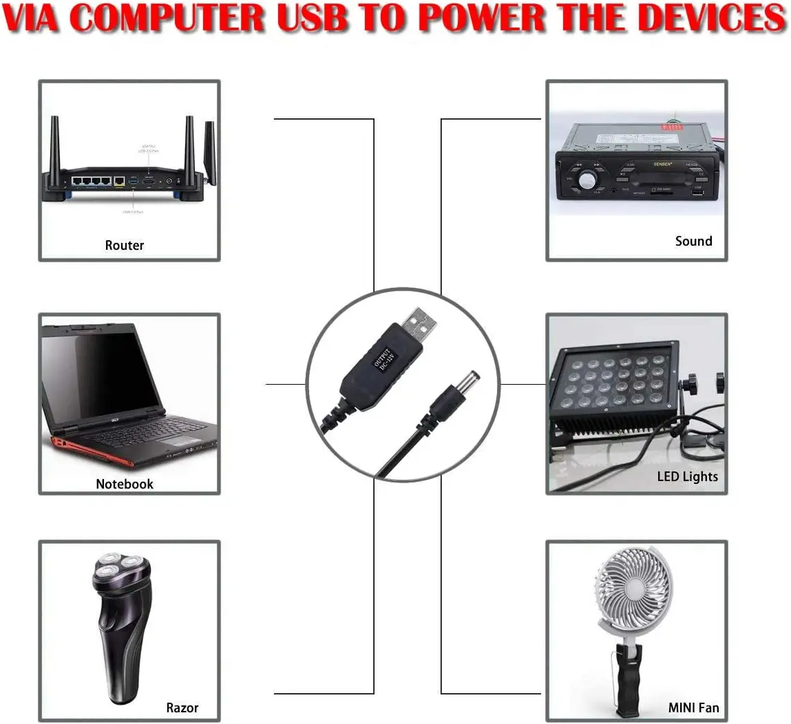 와이파이-보조베터리 케이블 커넥터, DC 5V-12V USB 케이블 부스트 컨버터, 스텝 업 코드, 와이파이 라우터 모뎀 선풍기, 5.5x2.1mm