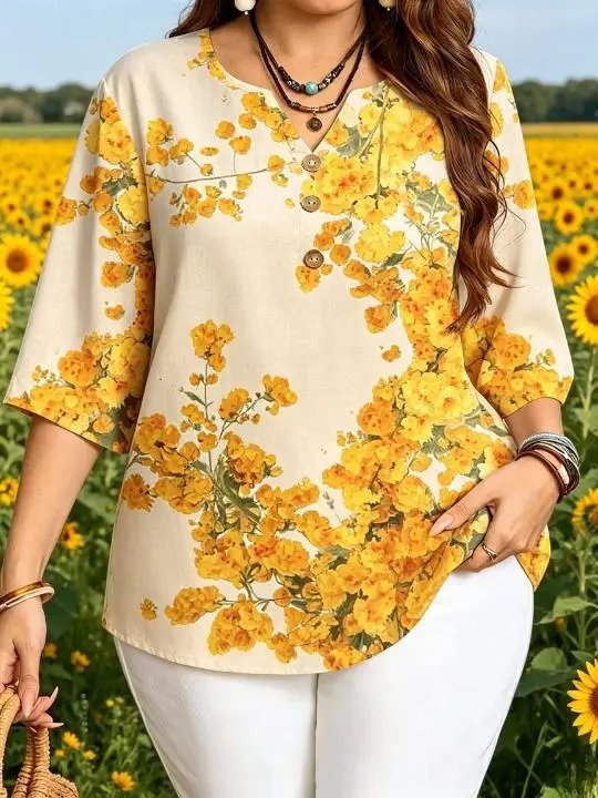 Plus Size Women 3/4 Sleeve V‑Neck Blouse Partial Edge Watercolor Floral Hydrangea Cherry Blossom Sunflower Print Button Tops