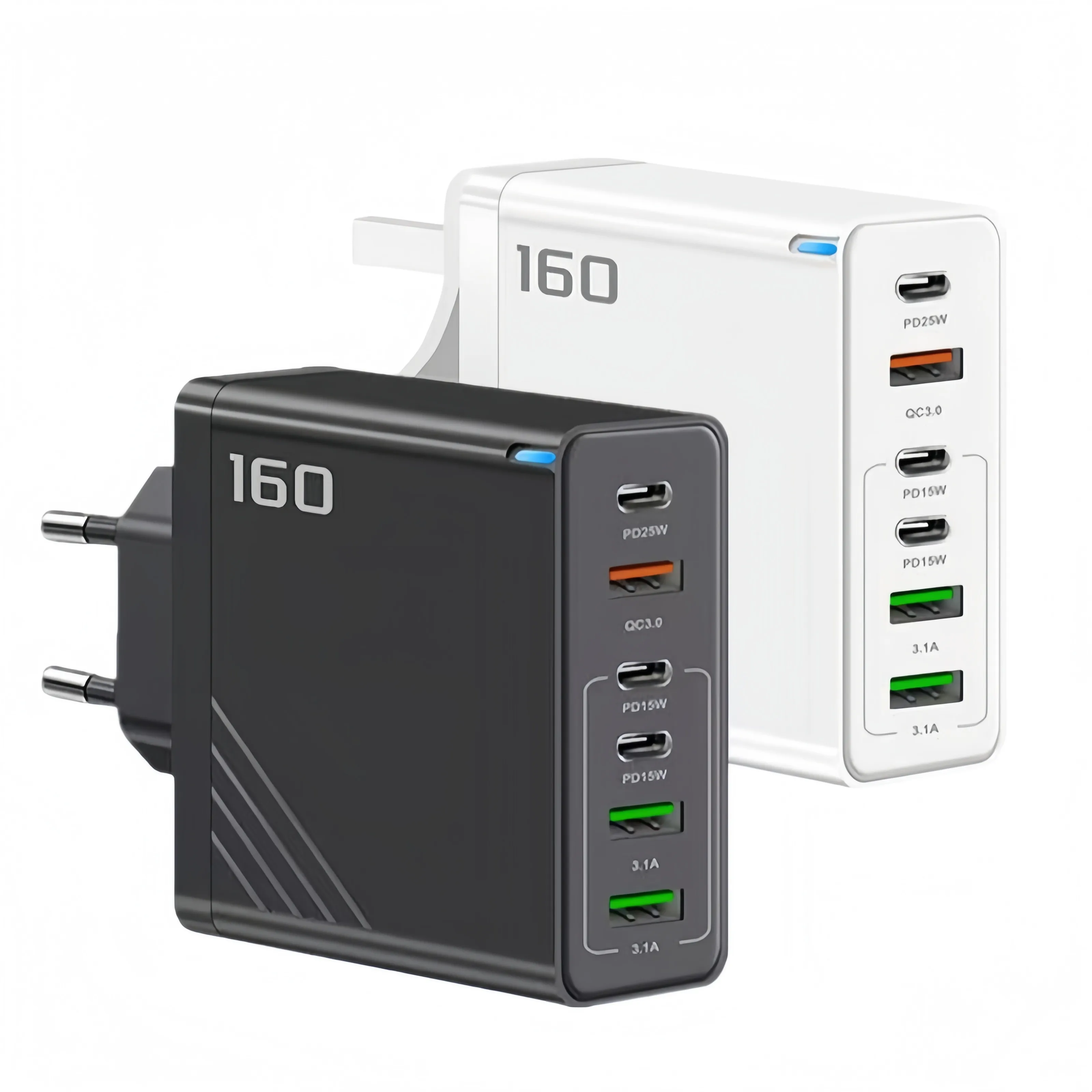 160W 6 Port Fast Charger Type C QC 3.0 Portable Wall Charger PD Fast Charge EU Plug For iPone Samsung Xiaomi Phone Wall Adapter