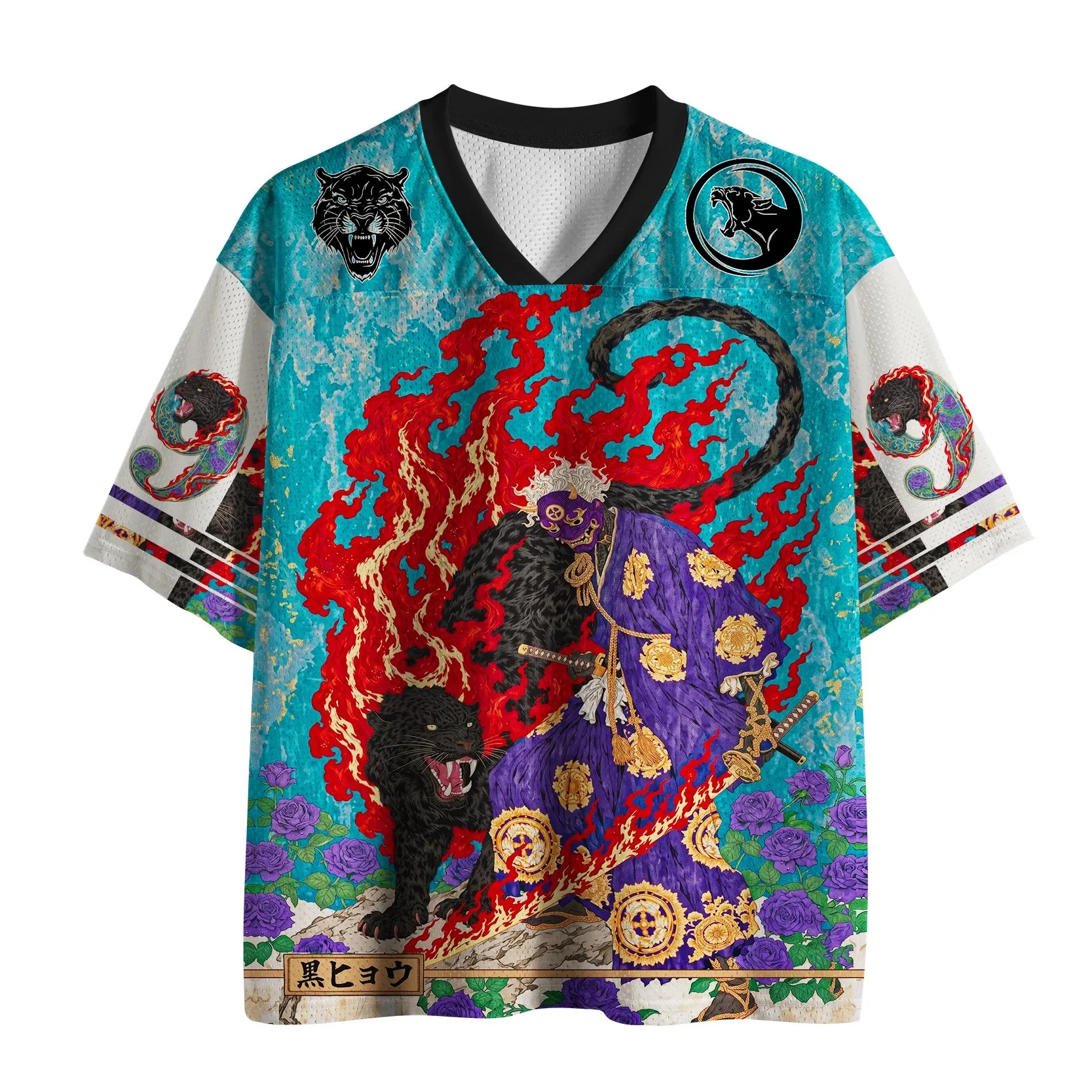 A V-neck T-shirt Featuring A Japanese Ukiyo-e Style—a Casual Top Blending Streetwear Vibes with The Aesthetic  Eastern Samurai.