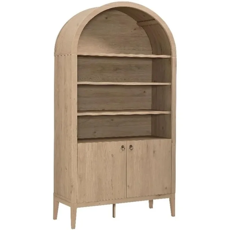 

Tall Arched Storage Display Cabinet in Light Oak - 74 Inch Bookshelf with Open and Closed Shelving - Modern Accent Cabinet