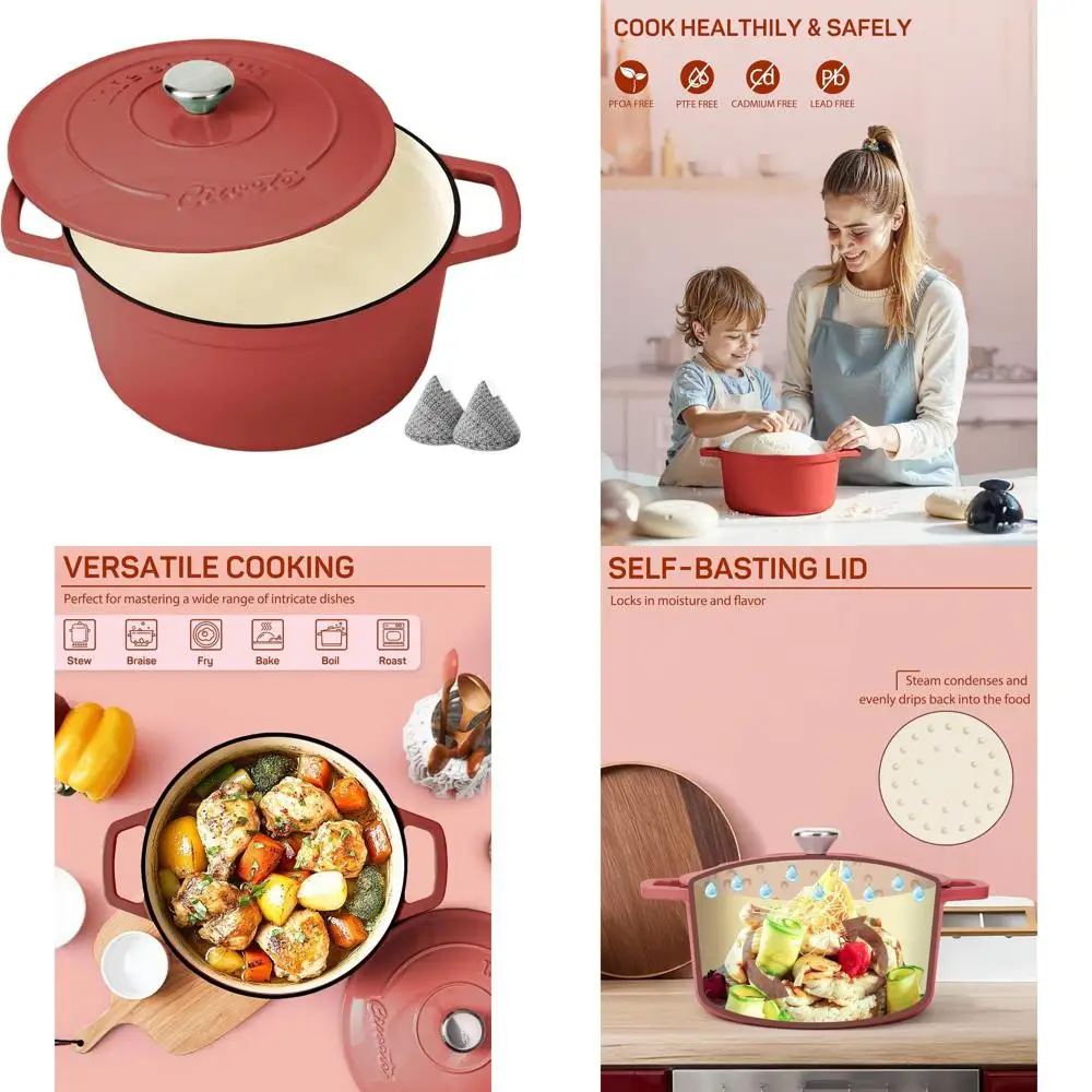 

6-Quart Enamel Cast Iron Dutch Oven with Lid and Potholders - Durable Cookware for Baking, Braising, and Roasting up to 500°F -