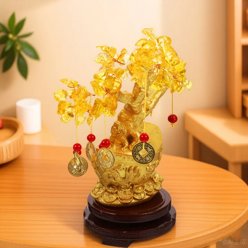 شجرة المال منضدية زخرفة الراتنج الخشب النحاس سيترين كريستال شجرة الحظ بونساي الديكور فنغ شوي محظوظ ديكور للصينية