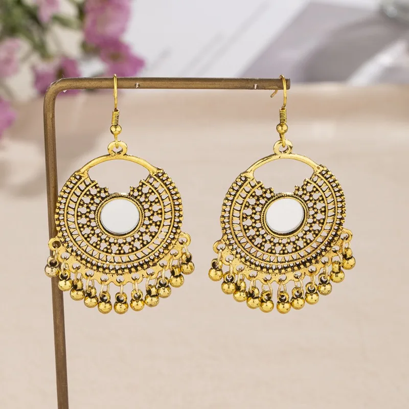 Antique Indian Earrings Jhumka for Women Ethnic Bohemian Round Mirror Hollow Beads Tassel Dangle Earrings Gypsy Jewelry Brincos