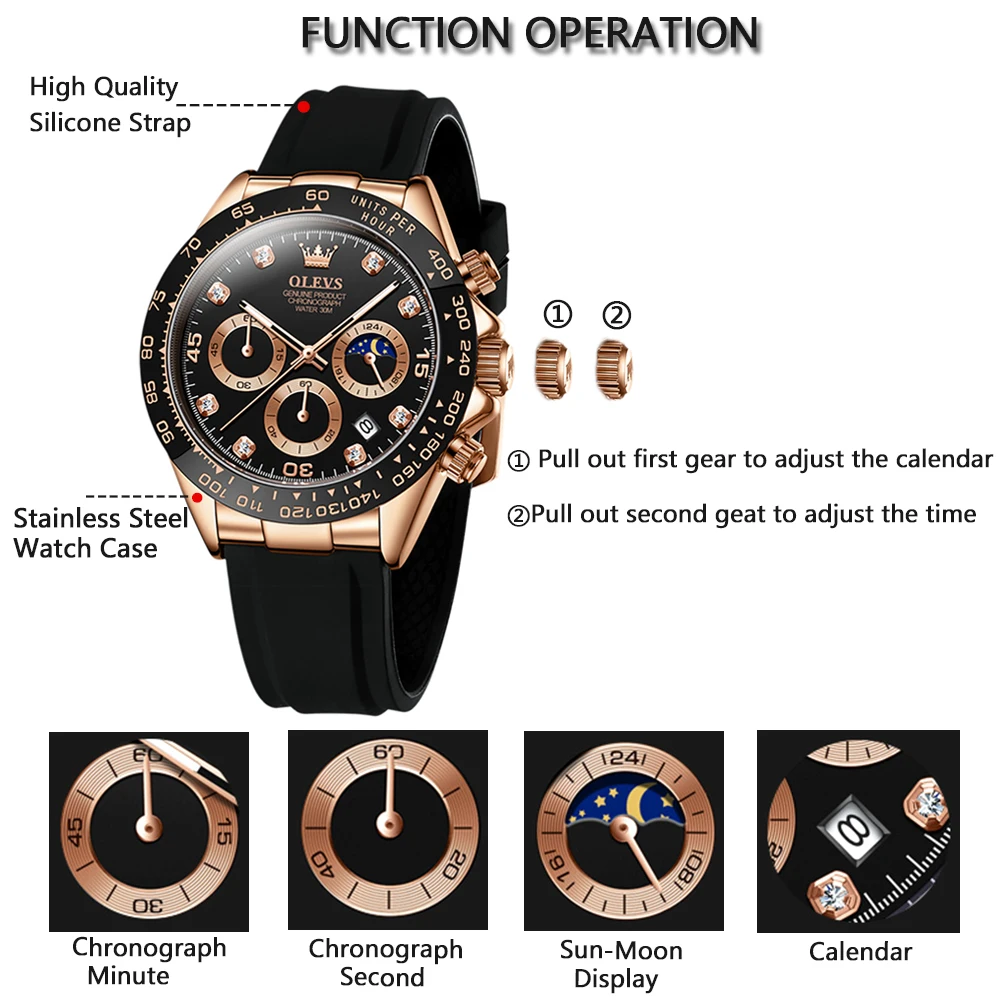 Top Brand Luxury Mens Watch Waterproof Sport Analog Silicone Strap Watches for Men Chronograph Original Rubber Wristwatch 41MM