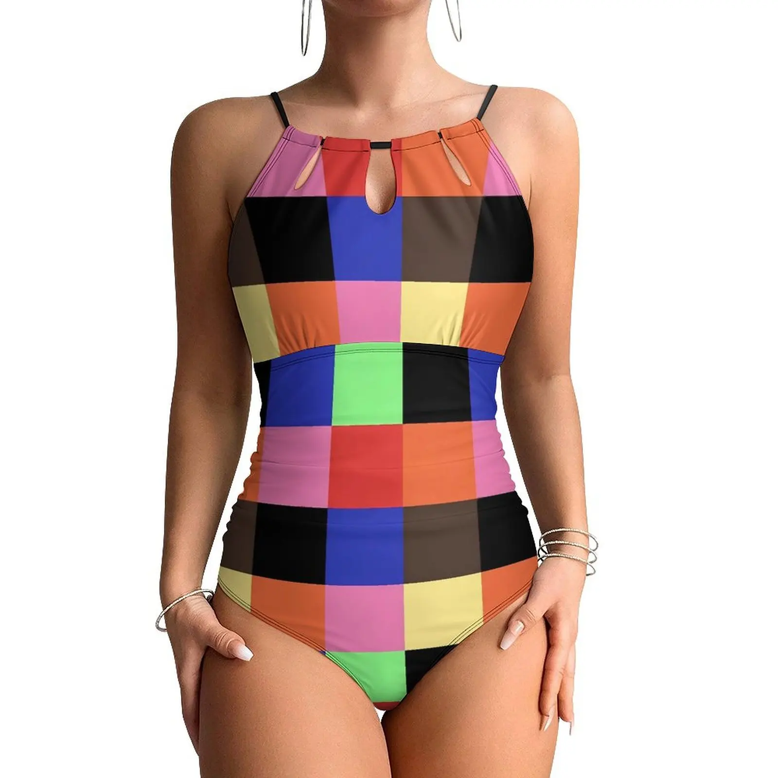Colorblock Swimsuit Colorful Patchwork One Piece Swimwear Push Up Novelty Bathing Suit Sexy Sport Graphic Beach Wear