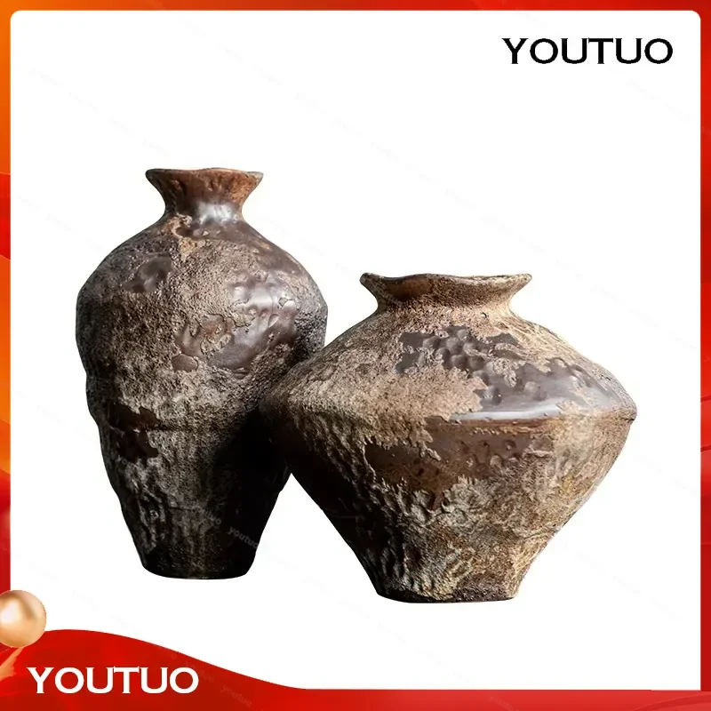 Retro Ceramic Vase Handmade Decorative Pottery Pot for Flower Arrangement Desktop Decoration