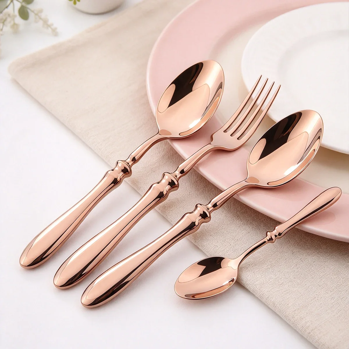 16Pcs Solid Round Handle Silverware Set Western Stainless Steel Dinnerware for 4 People Mirror Polished Table Knife Fork Spoon