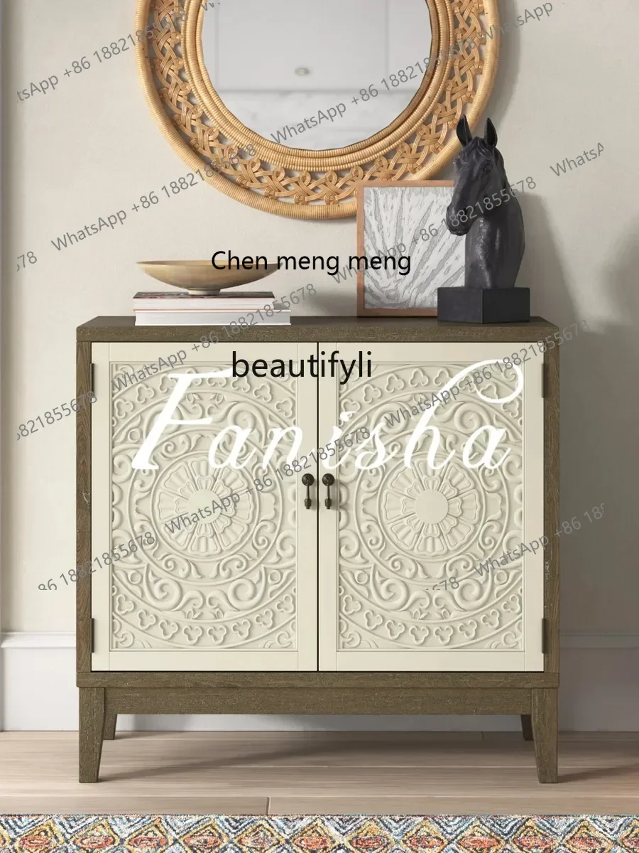 X Retro entrance shoe cabinet American country solid wood carving flower locker light luxury living room side cabinet