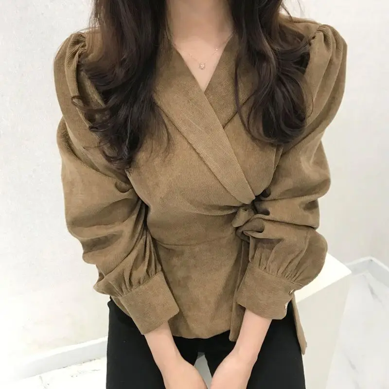 

Dark Khaki Suit Collar Design Sense Waist-Cinching Sweet Top 2025 Autumn Winter Shirt Tie Coat for Women