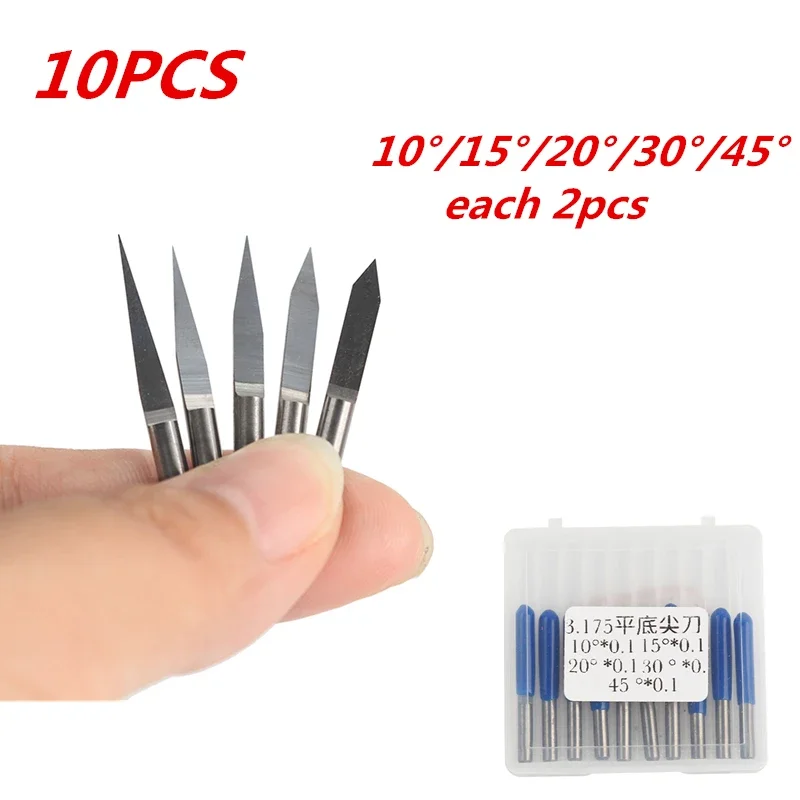 

10Pcs 10/15/20/ 30/45 Degree Milling Cutter Tools V Shape Flat Bottom Carbide PCB Engraving Bits 3.175mm CNC Router Bit