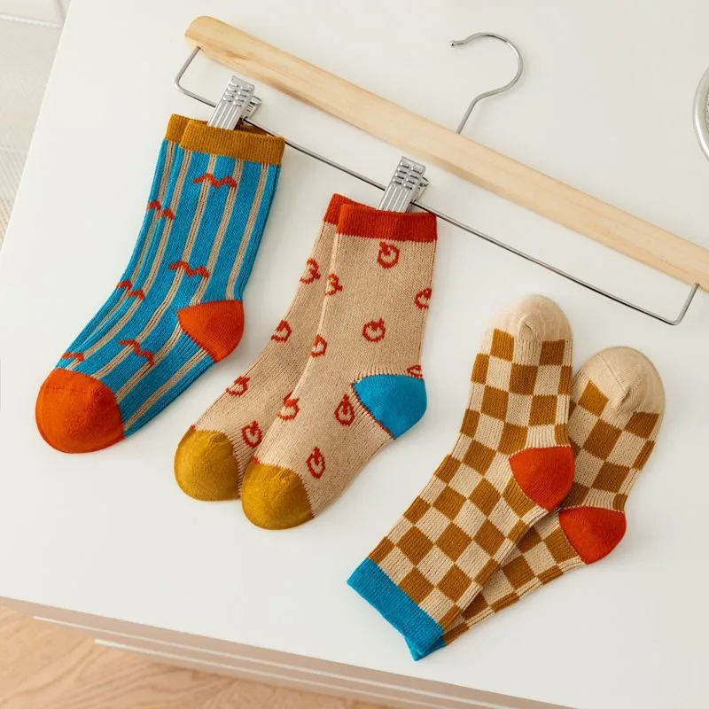 Vintage Checkered Striped Kids Crew Socks,Soft Cotton Breathable,Retro Geometric Socks for Boys Girls,Daily School Casual Socks
