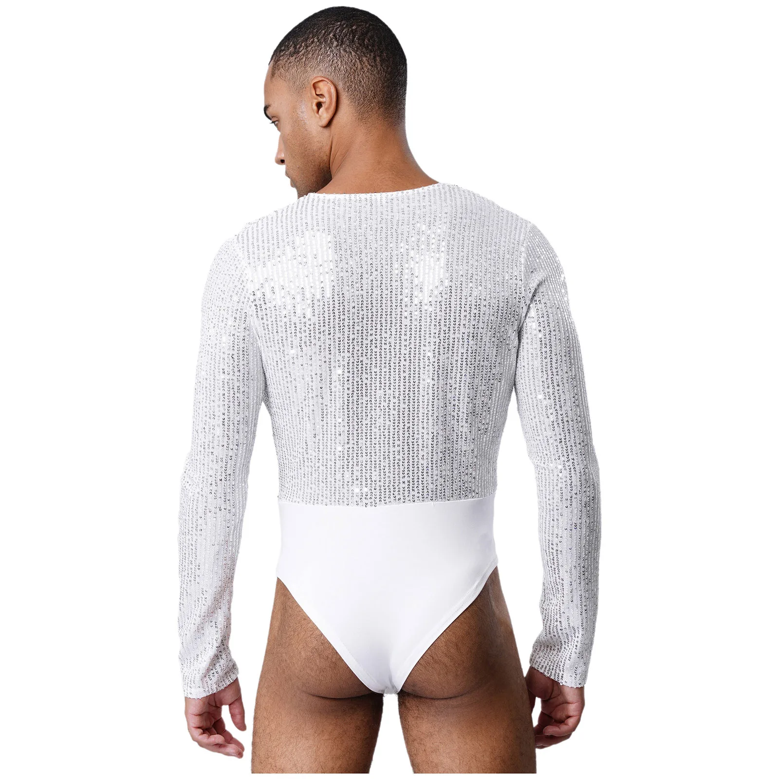 Mens Ballet Dance Leotard Shiny Sequin Front Wrap Deep V Neck Long Sleeve High Cut Bodysuit Modern Dance Performance Costume