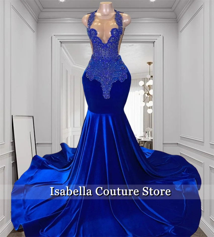 

Luxuy Royal Blue Diamonds Long Prom Dresses 2025 Beads Rhinestone Crystal Wedding Reception Birthday Party Gown Customized