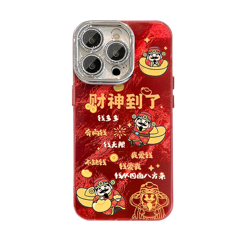 Red Cartoon God of Wealth Phone Case with Hanging Rope Bracket for iPhone 16 Pro Max 16 Plus 15 14 13 12 11Pro Protective Case