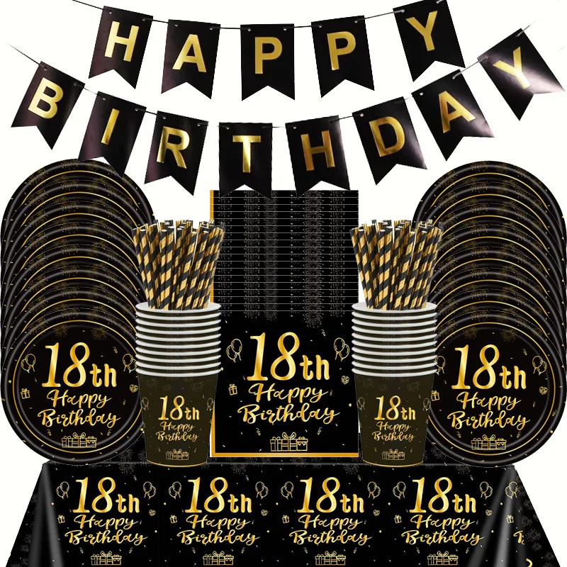 yZ[zBlack Gold Themed Birthday Party Decor Paper Plates Cups Napkins Tablecloths Disposable Tableware set for 18th Birthday Party