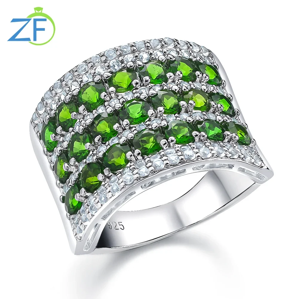 GZ ZONGFA Chrome Diopside Ring 925 Sterling Silver Natural for Women Green Big Wide Rhodium Plated Fine Jewelry Rings Gifts