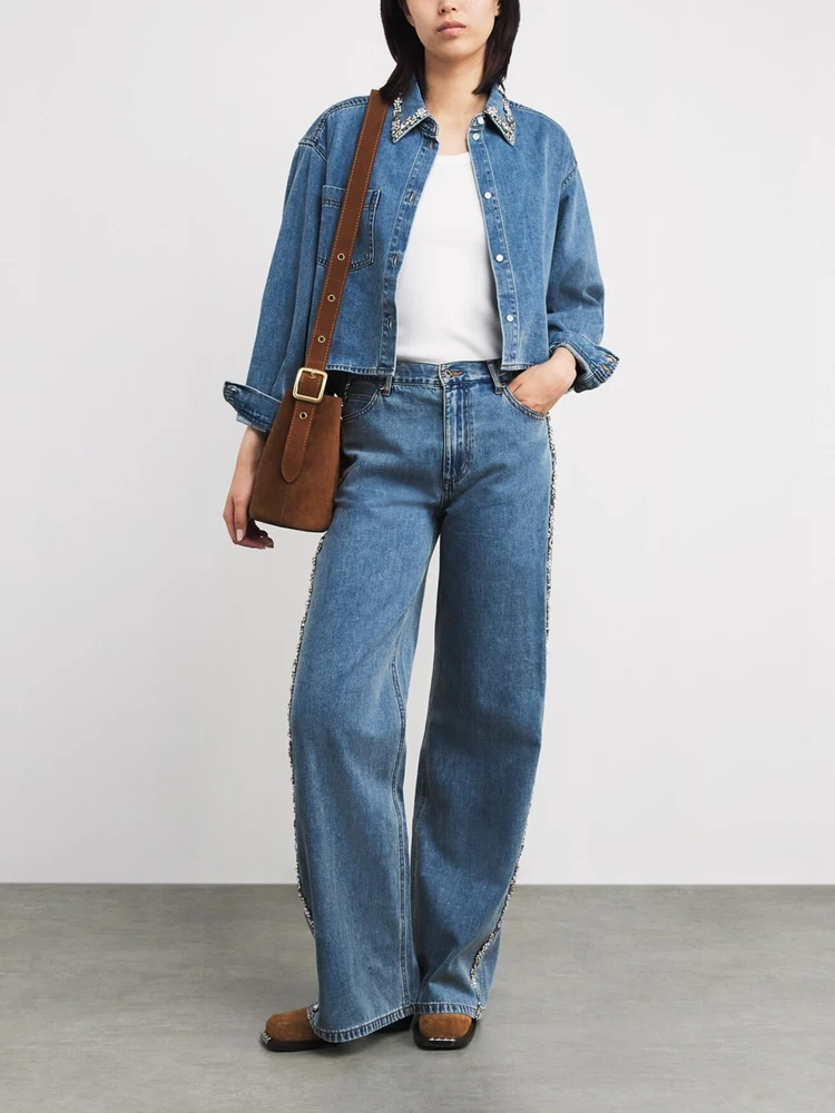 

S Home Spring 2026 Early High Waist Straight Leg Jeans Floral Embellied Diamond Waed Denim Casual Comfortable Cotton Pants