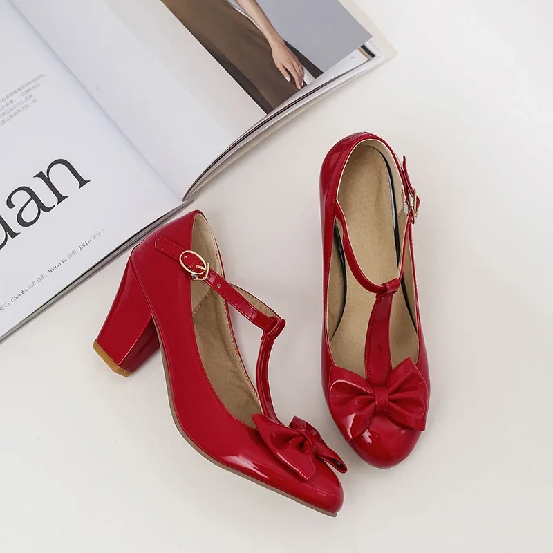 High Heels Frauen Pumps Lack leder Bogen Block High Heel T-Riemen Schuhe Schnalle runde Zehen Party Schuhe Dame rosa Größe 32-43