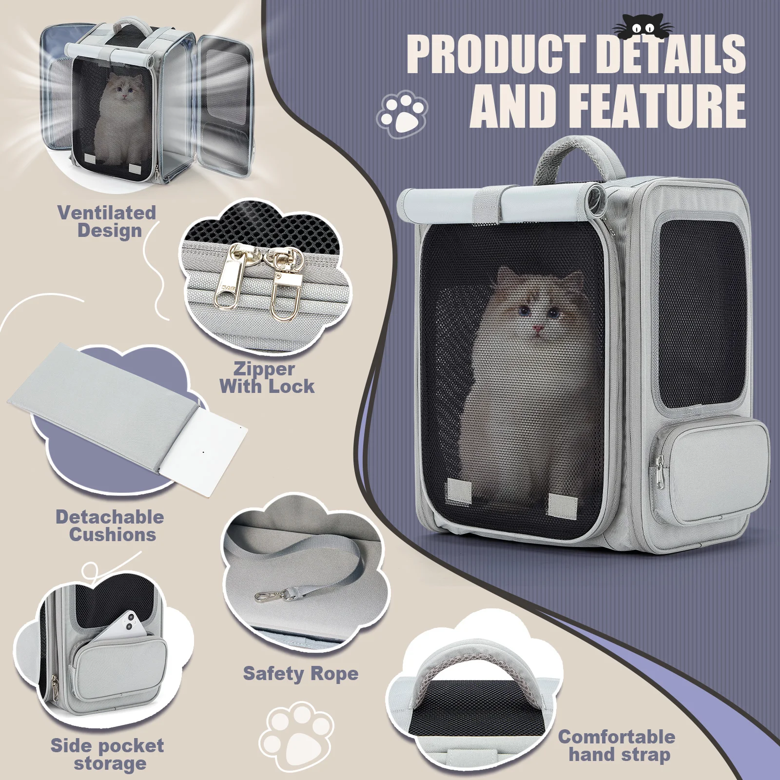 Portable Foldable Pet Backpack, Expandable Cat Backpack, Carrying Backpack for Cat Small Dog Puppies Large Capacity Up to 8kg