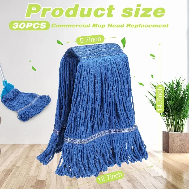 30 Pieces Commercial Mop Head Replacement Floor Cleaning Wet Mop Heads Heavy Duty Cotton String Mops Blue Large Industrial