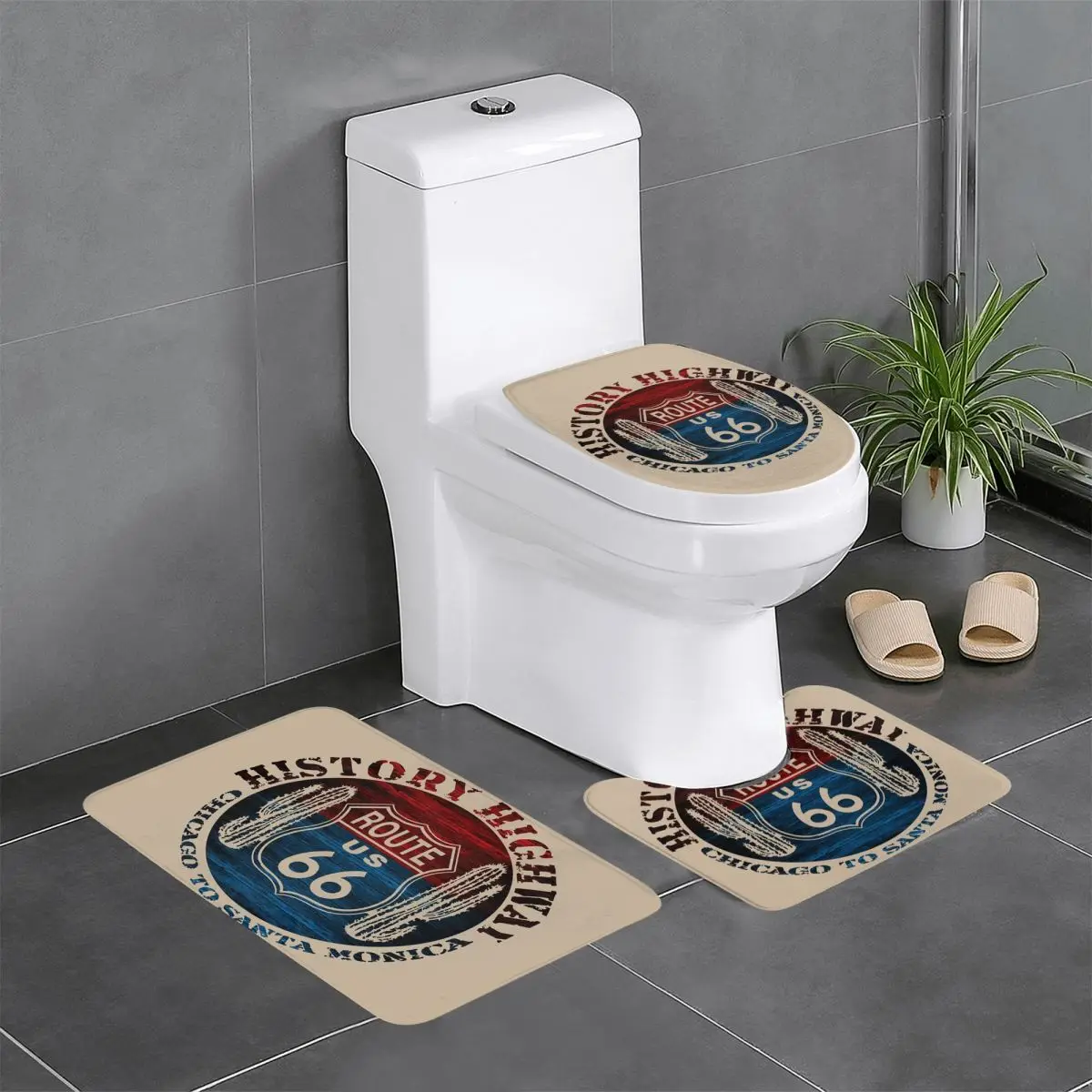 Custom Route 66 The Great America Road Vintage Trip Perfect Gifts 3 Pieces Bathroom Rugs Set Non-Slip Toilet Bath Mat Sets