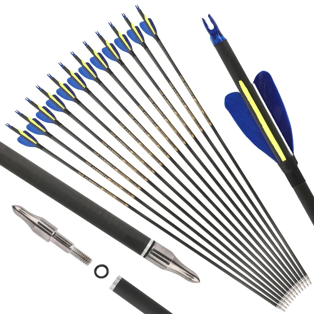 

30-дюймовая стрела из чистого углерода для стрельбы из лука SP300, 2 дюйма, изогнутый лук с натуральными перьями, охотничья мишень, 12 шт., карбоновая стрела