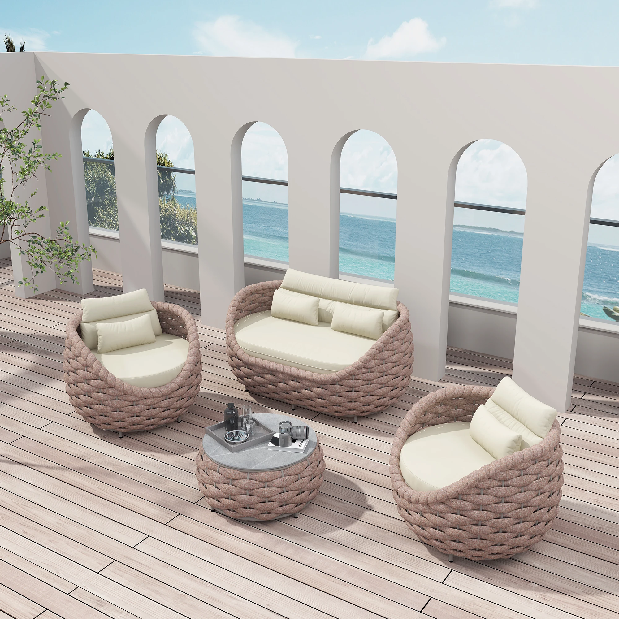 Fulin Fabrikpreis Rattan Aluminium Teak Outdoor Garten Lounge Möbel Rattan Möbel Set