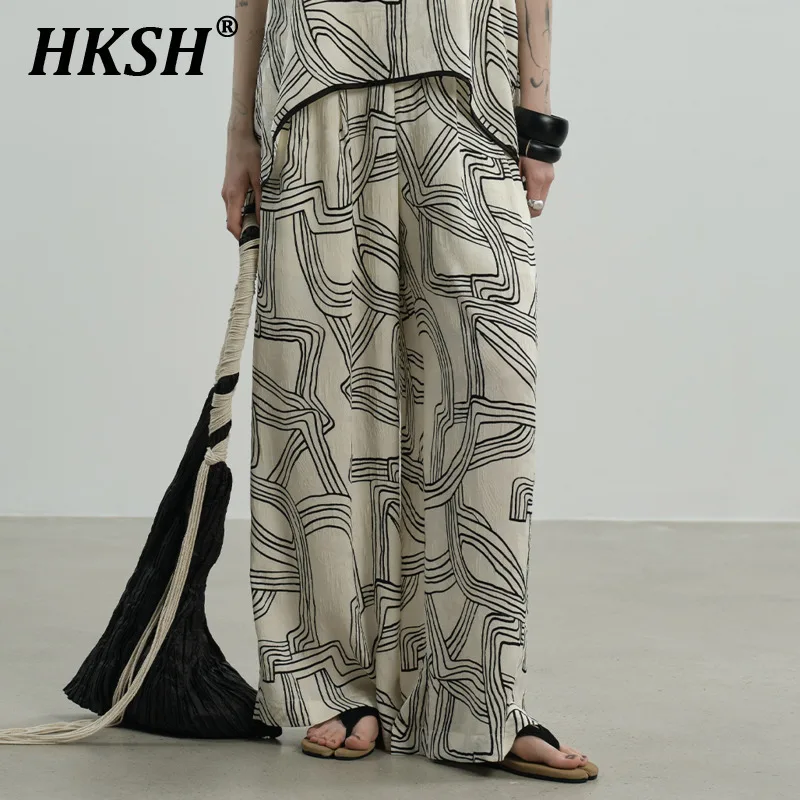 

HKSH Spring Summer New Women Ins Chic High Street Vacation Style Fashion Elegant Pants Casual Printed Wide Leg Long Pants HK5940