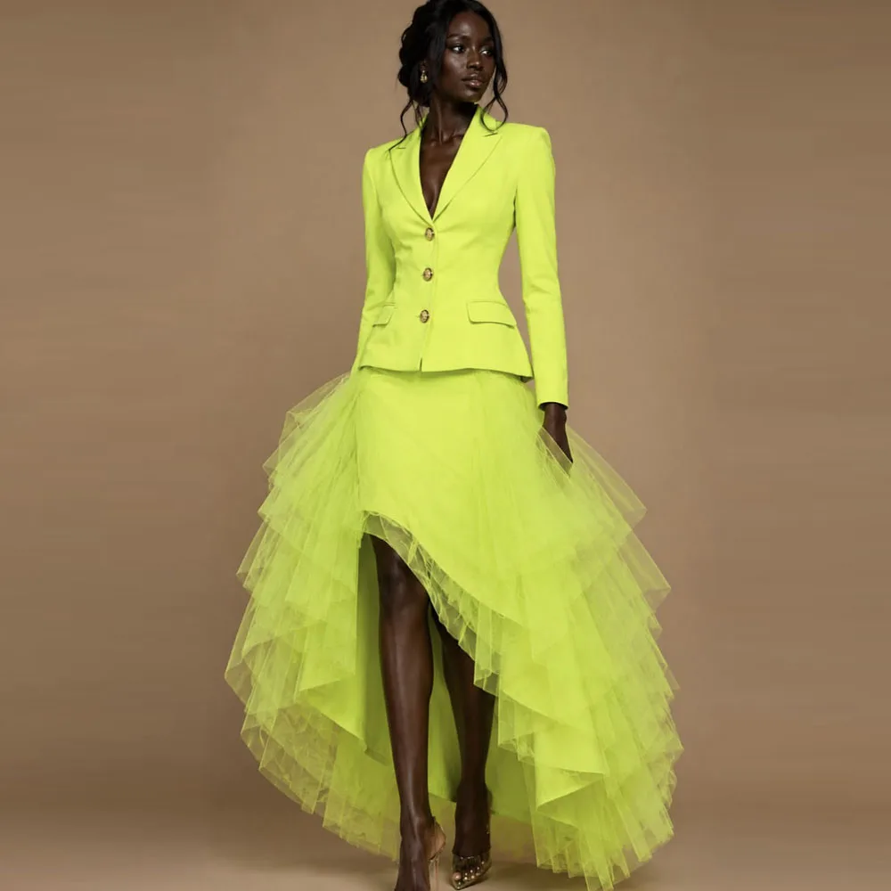 

Fluorescent Green Office Lady Skirt For Women Without Top Asymmetrical High Waist Lush Tiered Tulle Ruffle Formal Party Skirt
