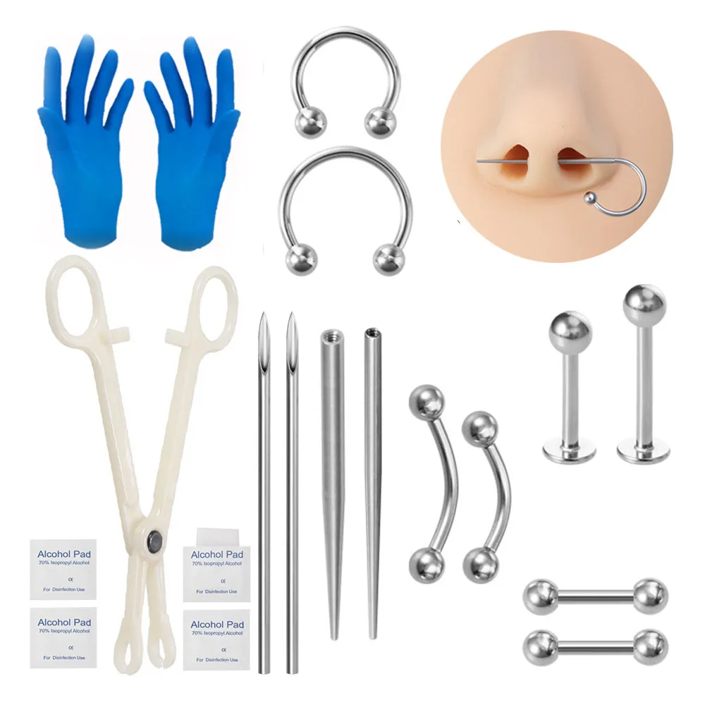 Body Piercing Kit Sterile Catheter Cannula Piercing Needle Lip Nose Eyebrow Piercing Stud Earring Jewelry Tool Pliers Tattoo Set