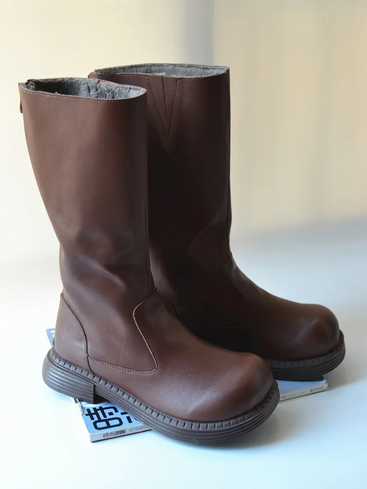 

Birkuir Retro Thick Heel Women Long Boots Slip On Boots Plush Inner 3.5cm Mid Heel Winter Shoes Genuine Leather Snow Boots 41