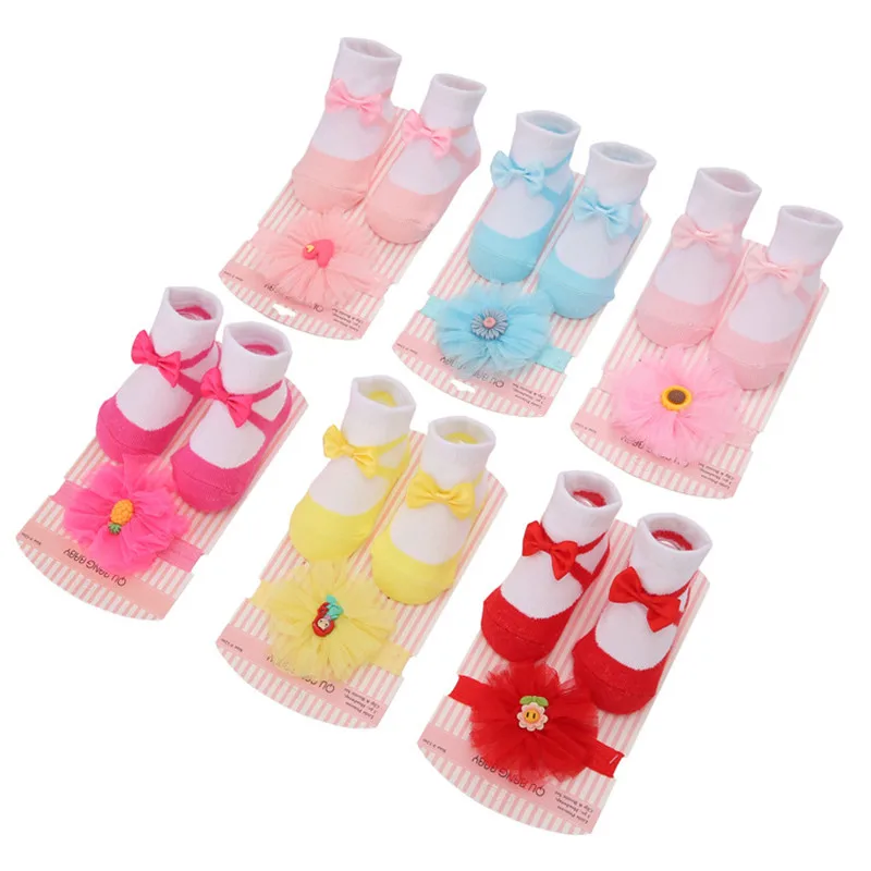 3Pcs Baby Socks Headbands Set Lace Flower Bows Crown Newborn Girl Short Socks Anti Slip Christmas Infant Toddler Socks Hairband