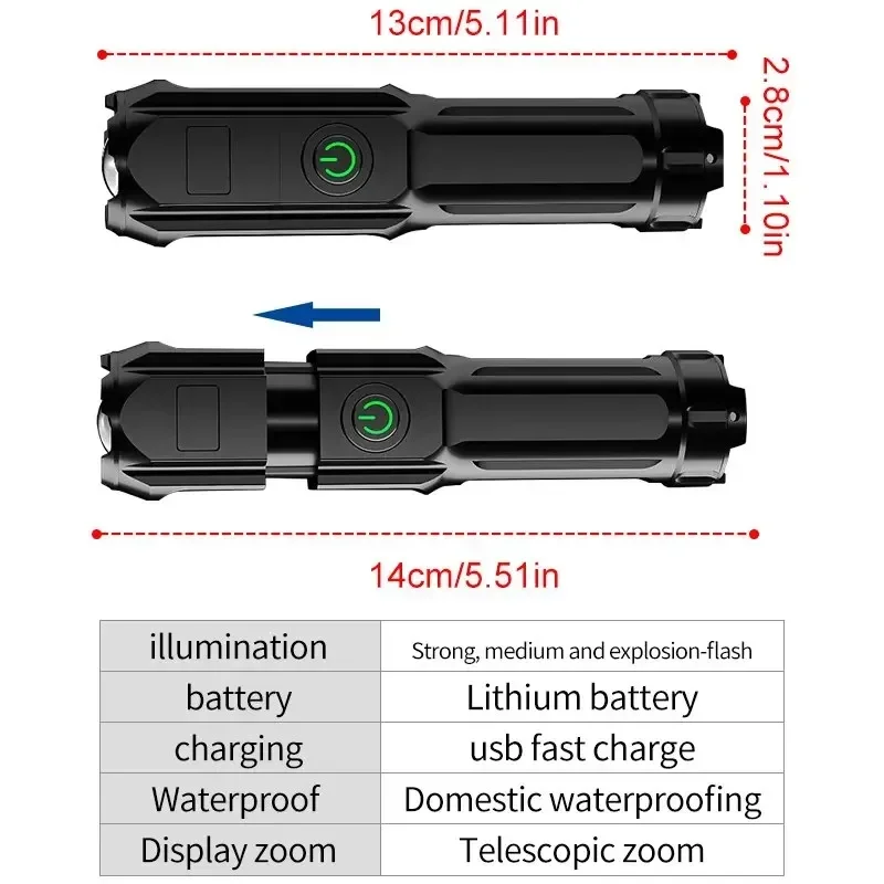 Powerful LED Flashlight USB Rechargeable Waterproof Zoom Lantern Portable Tactical Torch for Outdoors Fishing Hunting Camping