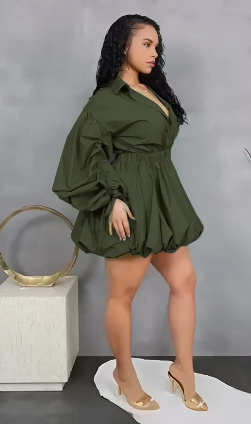 Kexu franzido empilhado manga longa turn-down colarinho blusa blusa vestido de baile 2025 feminino férias rua vestidos