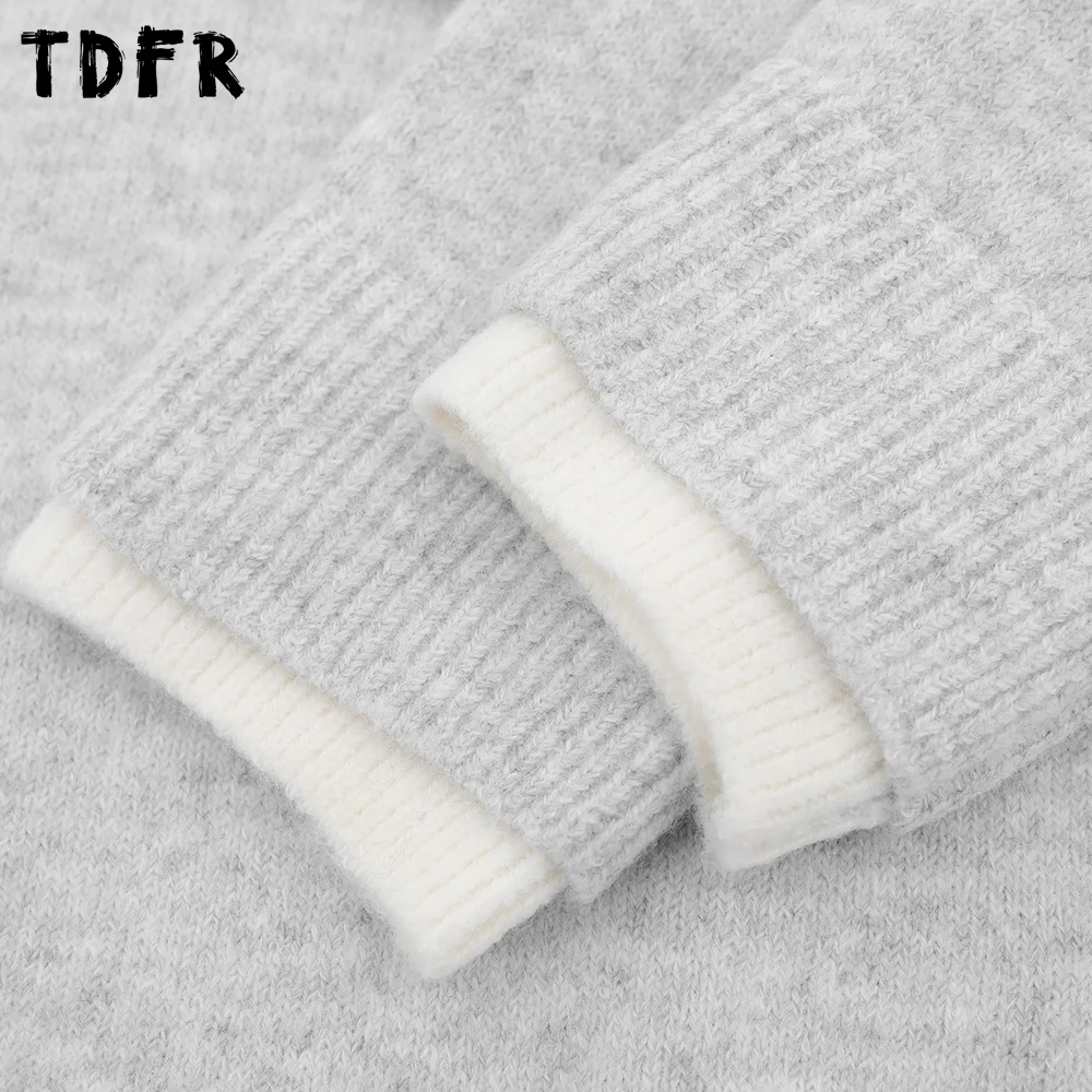 스플 라이스 가짜 투피스 스웨터 남성 가을 겨울 캐주얼 루즈 긴 소매 헨리 칼라 니트 풀오버 남자