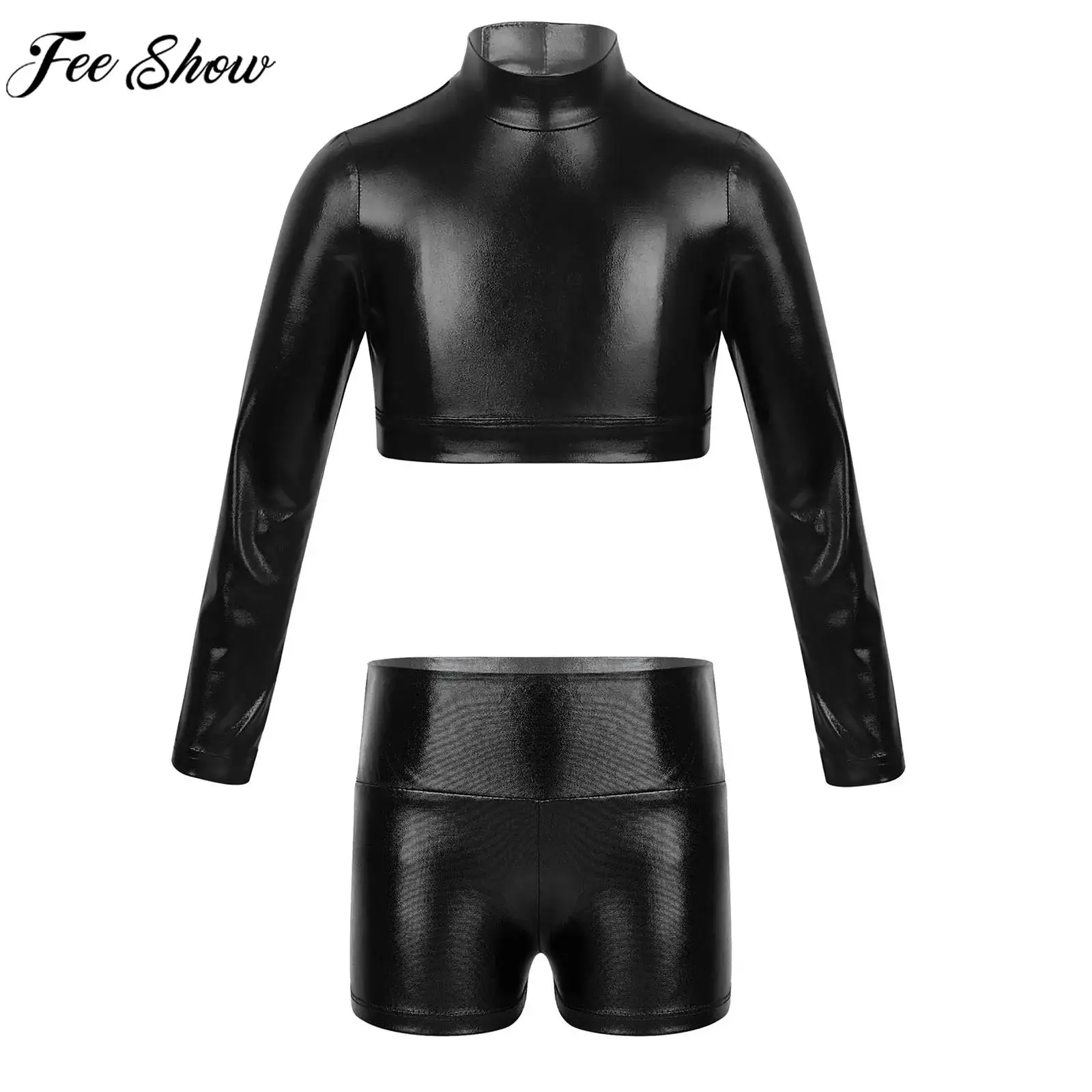 Kids Girls Hip Hop Jazz Dance Gymnastics Cheerleading Performance Dancewear Long Sleeve Crop Top with Shorts Swimwear Sportswear