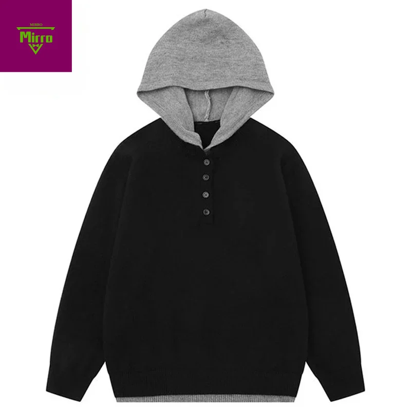 

Men Hooded Sweaters Patchwork Vintage Oversized Sweaters Knitted Jumpers Streetwear Harajuku Hip Hop Sweaters Knitwear