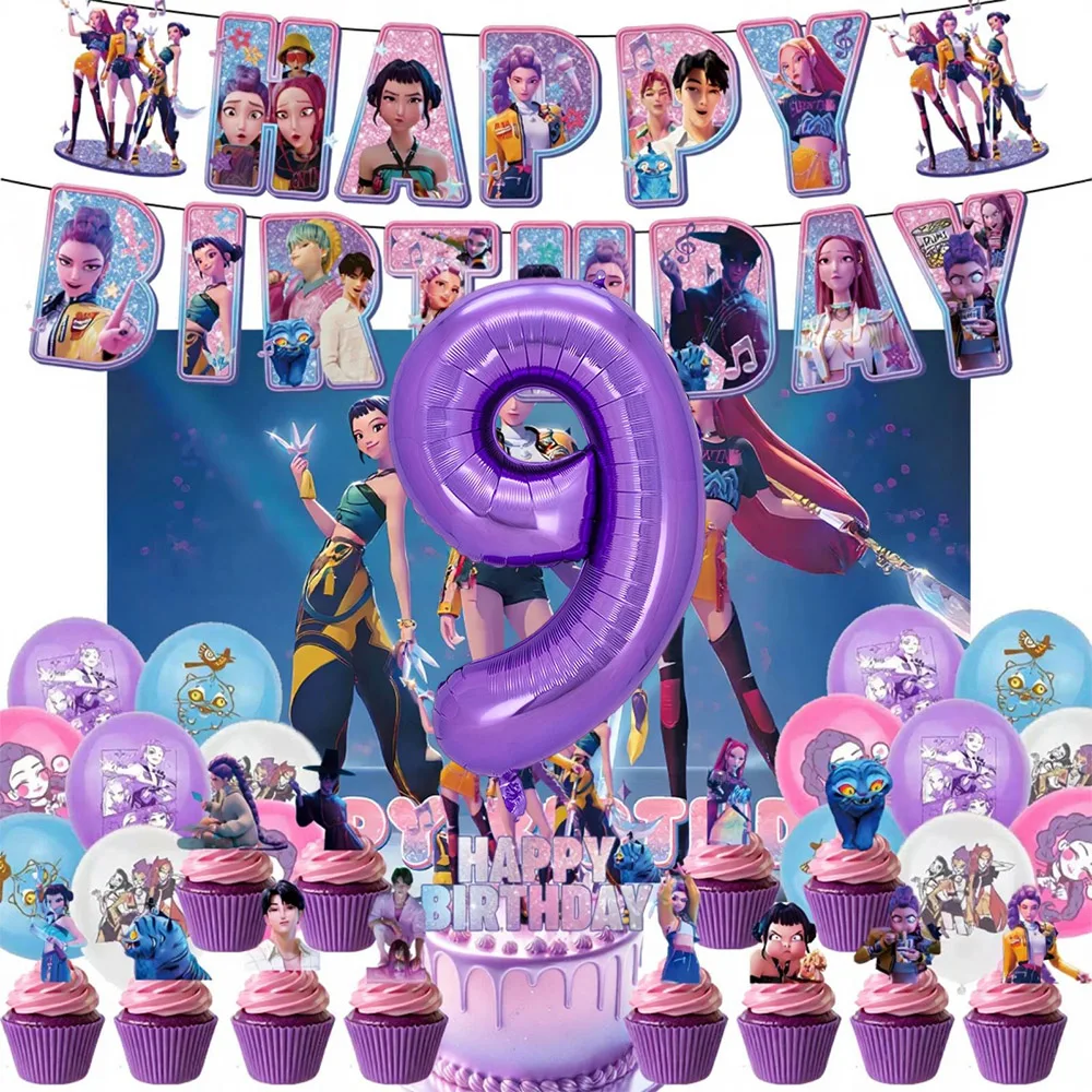 

MINISO Anime Demon Hunter Birthday Party Accessorie kid Banner Backdrop Balloon Cake 0-9th Birthday Party Decoration Korean Kpop
