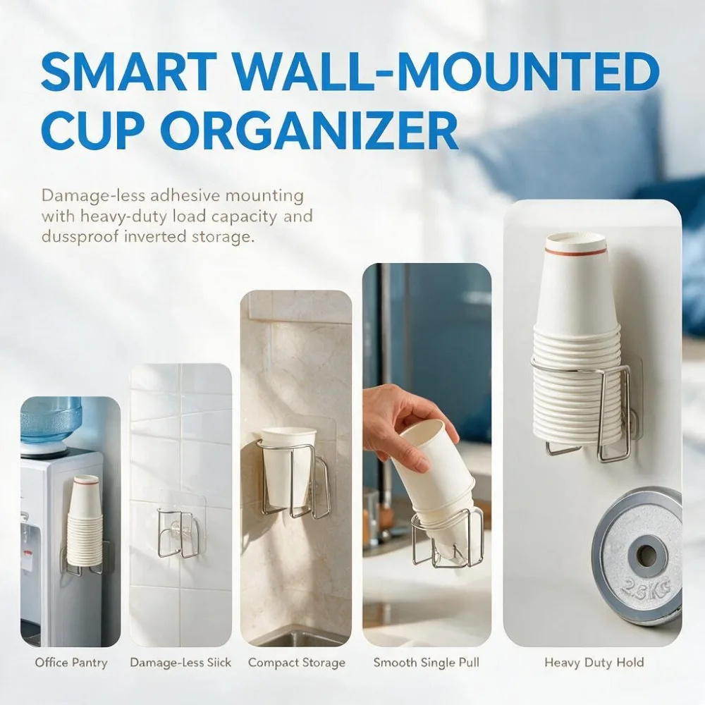 New Punch Free Wall Mounted Stainless Steel Water Cup Storage Holder for Kitchen Disposable Paper Cup Storage Rack