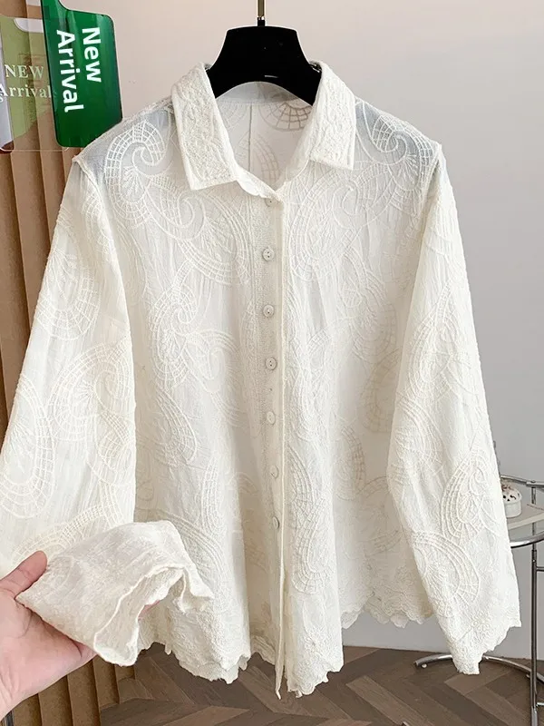 

Lace Embroidery Long Sleeve Shirt Women's Spring New plus Size Outerwear Top Korean Style Casual Comfortable Collar