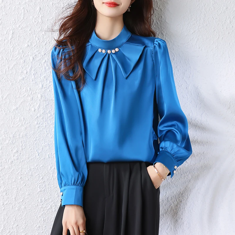 

Long Sleeve Blouse Women Stand Collar Chic Beaded Satin Blouse Shirt Tops Women Blouses Shirts Blusas Mujer De Moda 2025