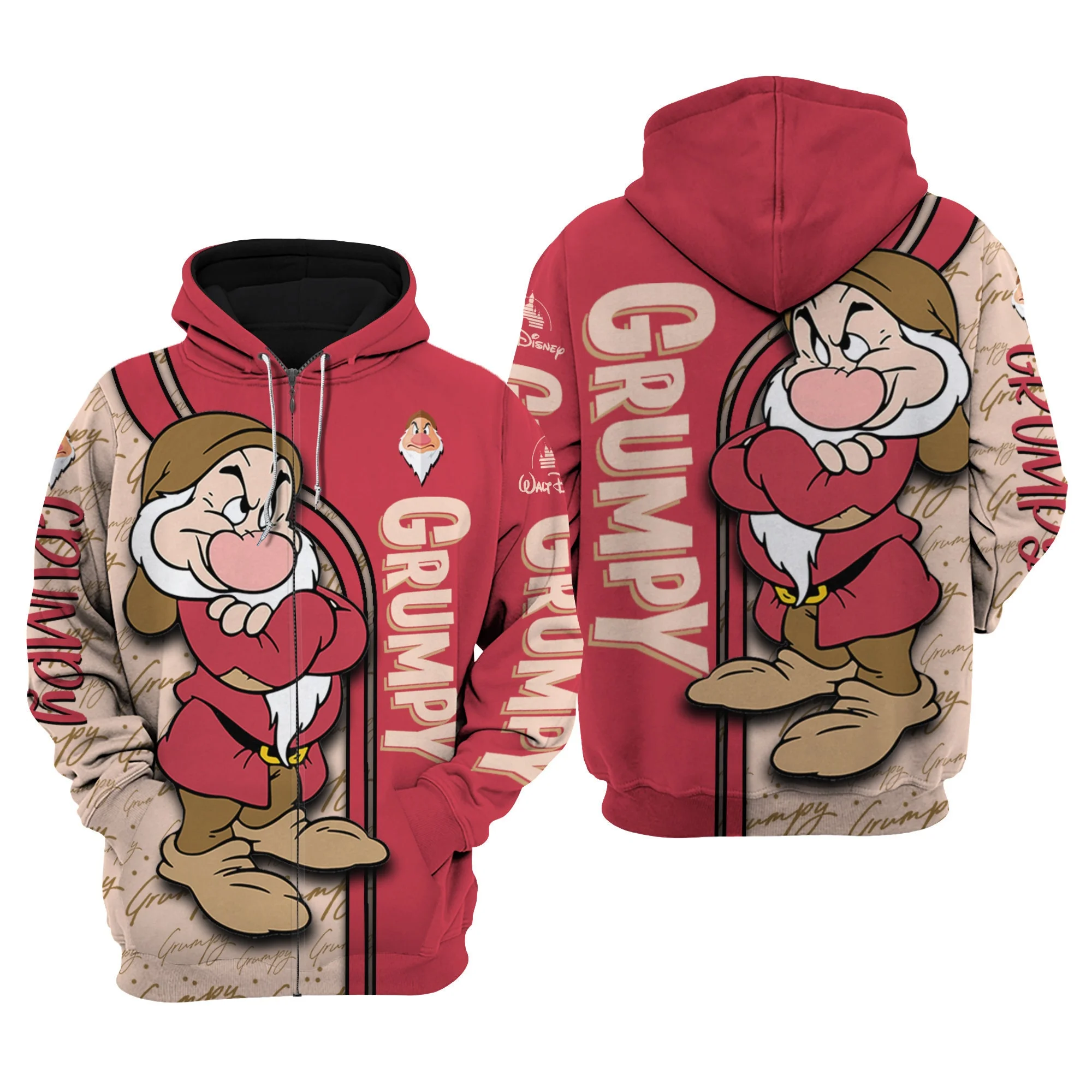 Red Grumpy Dwarf, Snow White and Seven The Dwarfs Disney Cartoon Fan Gift All Over Print Hoodie Disney Zip Hoodie