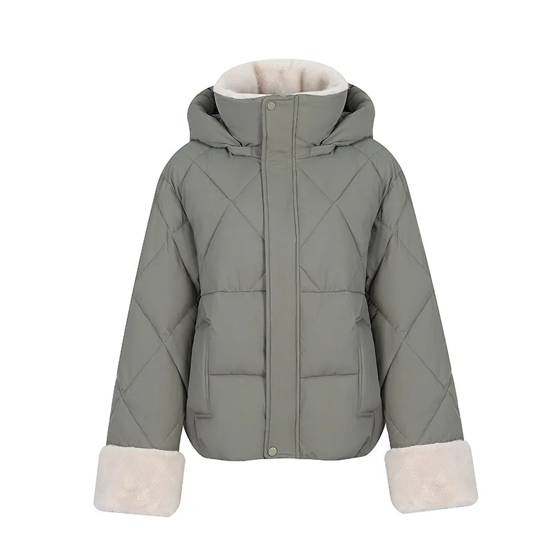 

European And American Thickened Cotton Jacket Women's College Style Lamb Fur Collar Winter Outerwear New Arrival