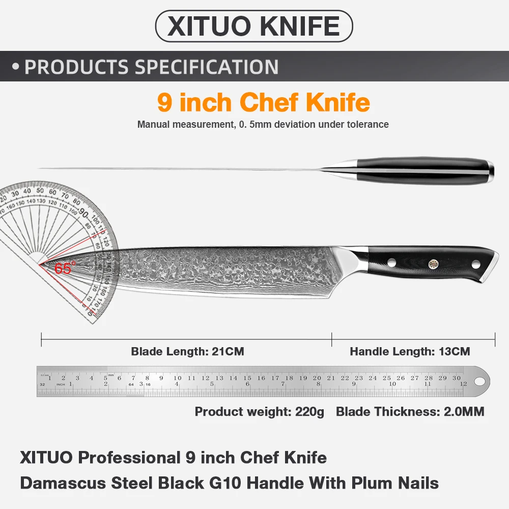 Chef Knife 9 inch Blade Damascus Japanese VG-10V Super Steel Black G10 Handle Razor Sharp Kitchen Knife Pro Full Tang Chef Knife